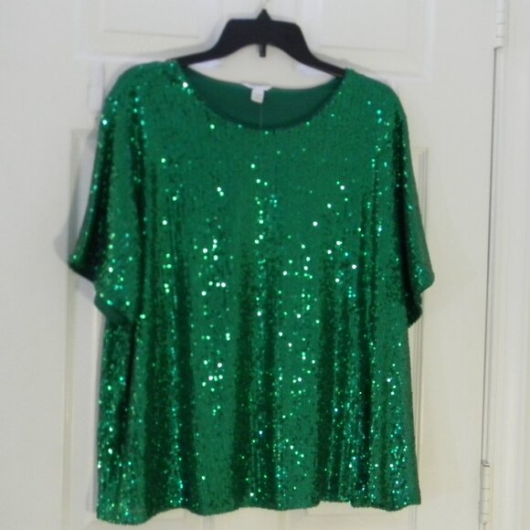 Green Sequin Top Plus Sz 18/20 Cato Short Sleeve NWT - Picture 1 of 7